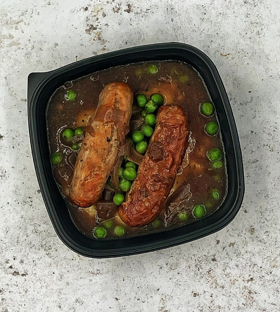 Pork Sausage with Peas, Mash & Onion Gravy