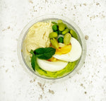 Pea, edamame beans, fresh mint, humus & a free range boiled egg