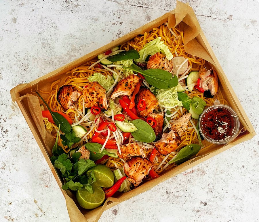 Asian Roasted Sweet Chilli Salmon & Sesame Egg Noodle Bowl